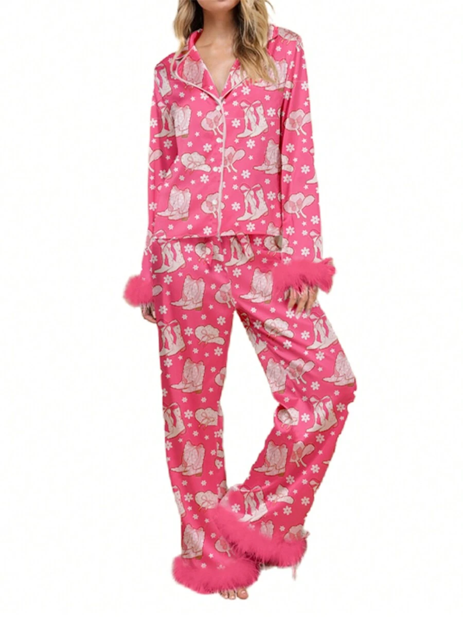 Women Christmas Pajamas Lounge Set Santa/Christmas Tree/Boots Print Shirts Tops And Pants 2 Piece Loungewear Outfits - Hot Pink - View 1