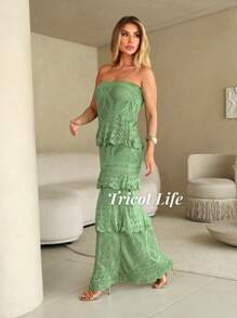 White Long Dress Red Women's Party Midi Dress Elegant Lace New Year's Eve Christmas Knit Ruffles Lined Fits 36 To 42 - Màu xanh Ô liu - Xem 5