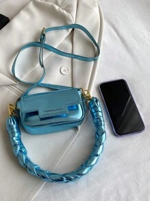 CONTAINEVERY 新款糖果色漆面女士小方包，手工编织手柄时尚单肩包，适合年轻女孩外出、约会、晚会、日常搭配、通勤多用途斜挎包 - 藍色 - 查看 4