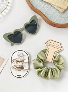 6pcs Wedding Bridesmaid Proposal Gift Hair Accessories Set: Multi-Color Versatile Scrunchies, Heart Shaped Glasses, 1 Pair Pearl Earrings, 1 Pair Gold Foil Hair Clips With Cards, All Perfectly Matched