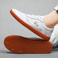 1 par de zapatillas de Tai Chi unisex a la moda, cómodas y antideslizantes, con cordones, adecuadas para deportes al aire libre para hombres, nuevos zapatos de entrenamiento de Tai Chi y Kung Fu, zapatos profesionales de artes marciales, zapatillas deportivas con estampado de patrones - Blanco - Ver 1