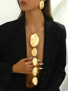 2pcs/Set Metallic Geometric Asymmetrical Hammered Texture Graduated Size Extra Long Pendant Necklace & Earrings Jewelry Set, Unique Persona Jewelry Set, Snake Bone Necklace Y-Necklace, Party Formal Dress Accessory