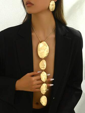 2pcs/Set Metallic Geometric Asymmetrical Hammered Texture Graduated Size Extra Long Pendant Necklace & Earrings Jewelry Set, Unique Persona Jewelry Set, Snake Bone Necklace Y-Necklace, Party Formal Dress Accessory