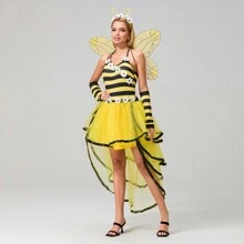 Women's Halloween Cosplay Bee Costume, Bee Queen Halloween Party Cosplay Dress, Wings, Headband, And Arm Sleeve Fancy Costume - Yellow - View 4