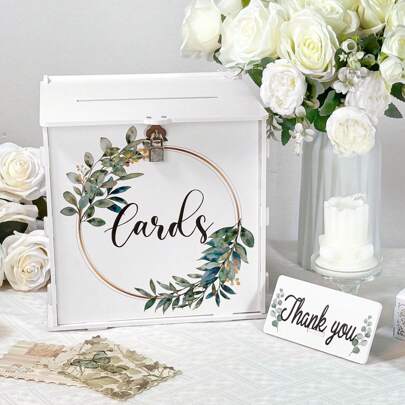 1pc Wedding Card Box With Lock, PVC Gift Card Box For Wedding Reception, With Circular Flower Wreath Pattern, White Envelope Money Box For Wedding Party Birthday Bridal Shower Graduation Decorations Gifts Summer Beach Back To School School Supplies Room Decor
