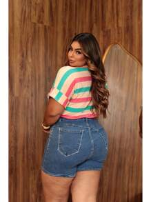 Women's Short Sleeve Striped Round Neck Blouse - TWO-cOLOR GREEN aND PINK - View 2