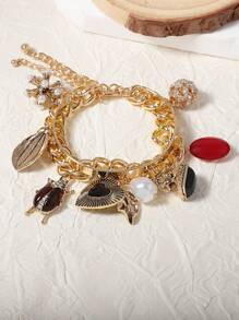 1pc Fashionable Layered Vintage Insect, Heart Shaped Zinc Alloy Pendant Women Bracelet Chain