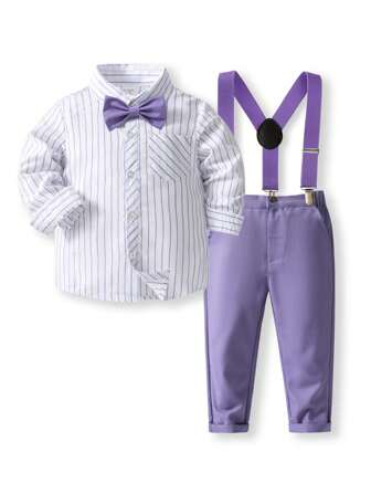 Young Boy Autumn New College Style Outfit - Long Sleeve Striped Shirt, Suspender Pants, Gentleman Formal Set