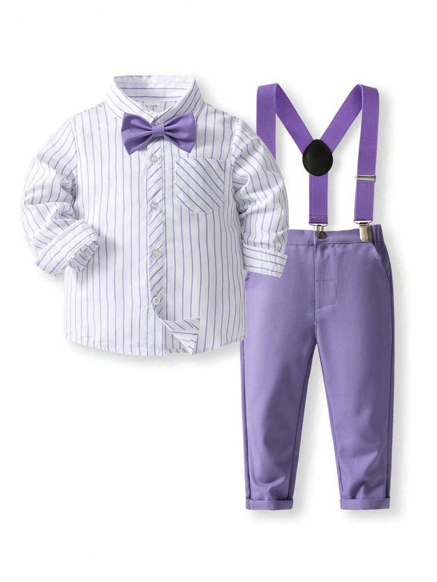 年轻男孩秋季新款学院风服装 - 长袖条纹衬衫、吊带裤、绅士正装套装 - 紫色 - 查看 1
