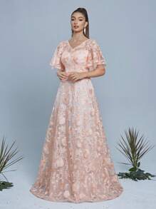 高端 V 领透明花卉刺绣蕾丝中长飘逸礼服、派对礼服、婚礼宾客礼服、晚礼服 - 橘色 - 查看 5