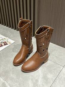 Stivali western da cowgirl ricamati con taglio laser per bambine, nuova moda stivali da equitazione di media altezza in stile vintage unisex per bambini, versatili
