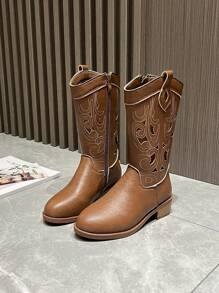Stivali western da cowgirl ricamati con taglio laser per bambine, nuova moda stivali da equitazione di media altezza in stile vintage unisex per bambini, versatili