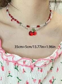 1 件情人节甜美夏日樱桃糖时尚可爱串珠合金吊坠项链、锁骨链、女士/情侣礼物、适合日常佩戴、派对、聚会