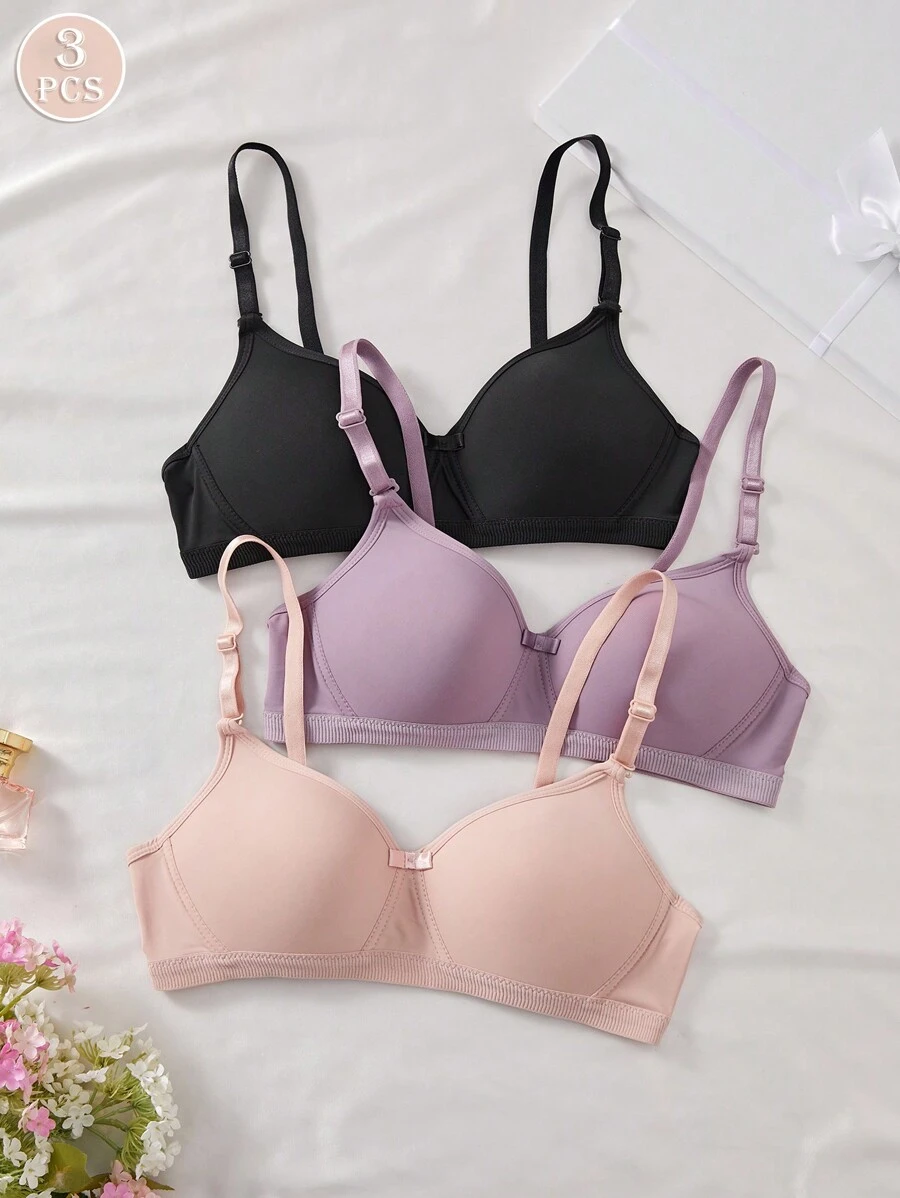 3PCS Lady's Comfortable Sleep Multicolour Casual Wireless Soft Cup Solid Underwear Lingerie Bra