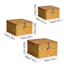 Cesta de almacenamiento tejida a mano con tapa, caja decorativa de sobremesa, regalo de artículos de papelería, tejido de ratán y mimbre, caja de regalo de boda - Caja de almacenamiento cuadrada naranja con tapa - Ver 11