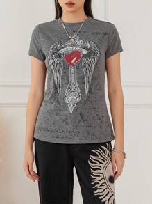 Womenacute;S Slim Gothic Tops Retro Rhinestone Cross  Wing Print Cap Sleeve Round-Neck Grunge T-Shirts For Summer Spring - Grey - View 2