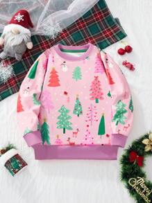 1 chiếc Áo nỉ dài tay in hình cây thông Noel hoạt hình cho bé gái, thời trang thu đông - Hồng - Xem 1