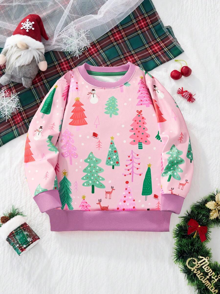 1 chiếc Áo nỉ dài tay in hình cây thông Noel hoạt hình cho bé gái, thời trang thu đông - Hồng - Xem 1
