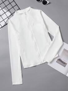 Women's Solid Color Zipper Long Sleeve Athletic Jacket, Form-Fitting Thumb Hole Cuff, Fitness Yoga Running Sportswear