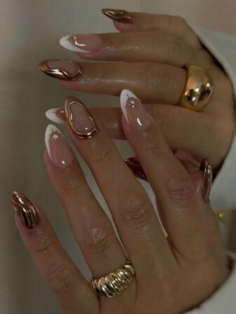 30 Pieces Of Short Almond White French Three-Dimensional Sparkling Sun Elegant Nail Patch Set Is Suitable For Girls To Wear Daily Press On Nails Nail Supplies Nails