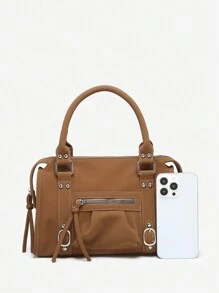 1 件女式复古 Y2K 机车朋克风格铆钉扣装饰多口袋绒面 PU 皮革摩托车包，手提和斜挎，适合街头、约会、派对 - 棕色 - 查看 5