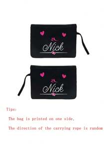 2pcs Personalized Name Heart Pattern Tote Bag And Cosmetic Bag Set, Women's Linen Large Capacity Tote Bag, Shopping Bag, Portable Casual Storage Tote Bag, Suitable For Daily Travel, Beach Vacation, Large Capacity Shopping Bag, Women's Tote Bag, Portable, Multifunctional, Versatile, Large Capacity, Lightweight, Practical, Multipurpose, Colorful, Cute, Adorable, Kawaii, Y2K Style, Vacation/Casual, Commuting - Black - View 7
