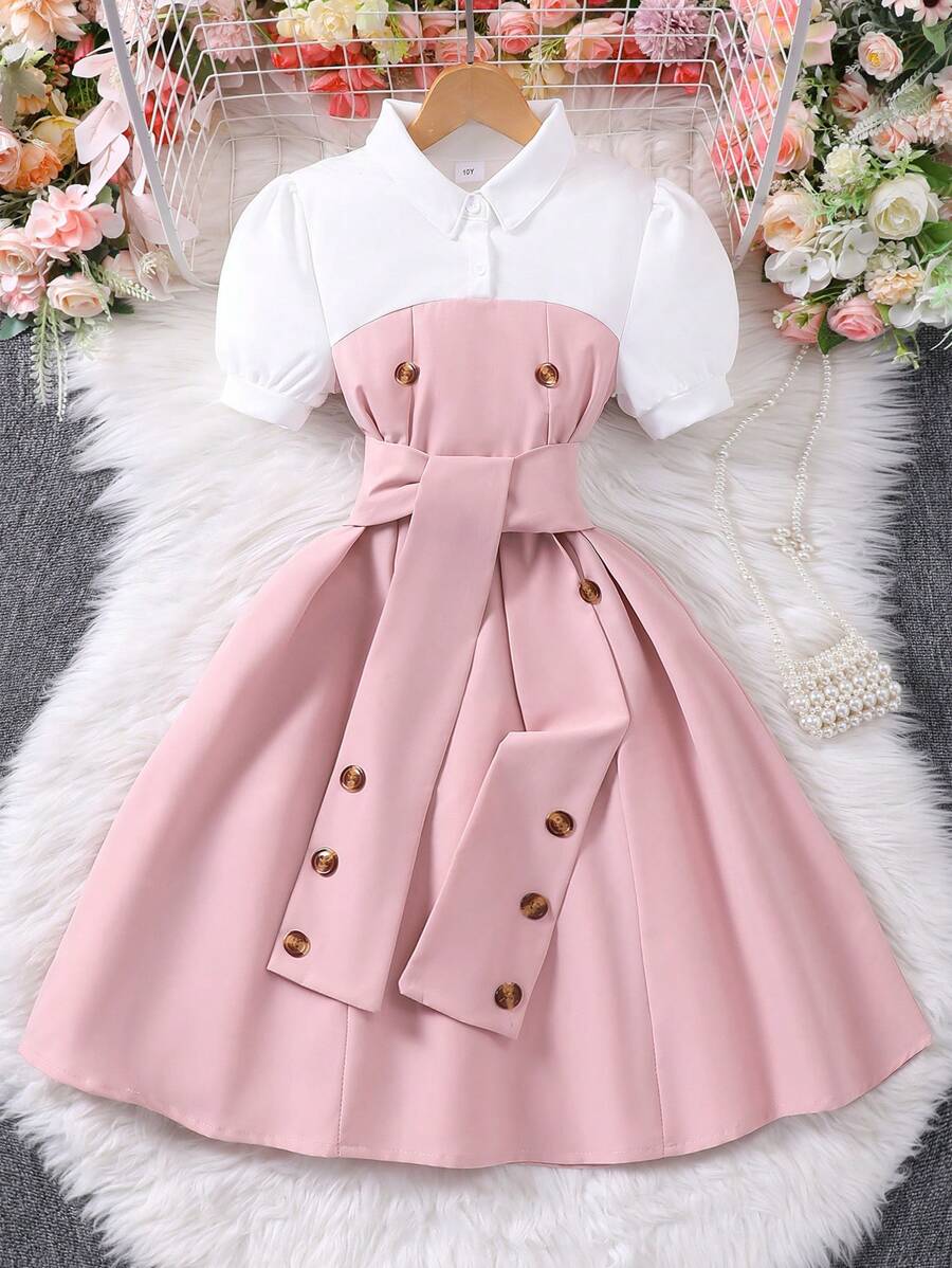 Tween Girls Summer Short Sleeve Polo Collar 2 In 1 Patchwork Casual Dress (With Belt) - Pink - View 1