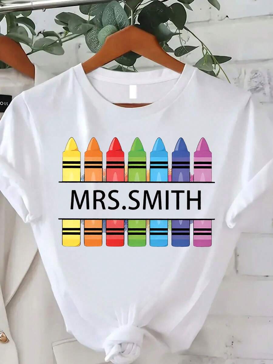 Crayon Print Women's T-Shirt, Summer Women's Casual, Fashionable, Comfortable And Soft Daily Outdoor Sports And Fitness Breathable Round Neck Short-Sleeved T-Shirt - 白色 - 查看 1