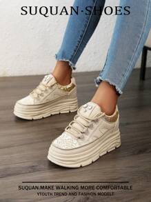 1 Pair Women Thick-Soled Casual Sports Shoes, With Lace Toe Design, Rhinestone + Sequin Decor, Fashionable & Stylish, For Outdoor, Comfortable, Multi-Purpose, Breathable Running Shoes, Suitable For Daily Commute & Casual Wear - Khaki - View 4