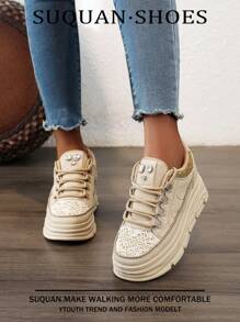 1 Pair Women Thick-Soled Casual Sports Shoes, With Lace Toe Design, Rhinestone + Sequin Decor, Fashionable & Stylish, For Outdoor, Comfortable, Multi-Purpose, Breathable Running Shoes, Suitable For Daily Commute & Casual Wear - Khaki - View 3