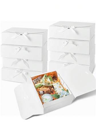 10件装，一体式翻盖礼盒，含蝴蝶结丝带，大号10.6X8X3.2英寸礼盒 - 牛皮纸盒，适用于婚礼、结婚纪念日、纪念礼品盒、礼品包装、生日、情人节、圣诞节感恩节、派对和母亲节。（烘焙包装盒、糖果包装盒）情人节
