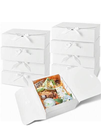 10件装，一体式翻盖礼盒，含蝴蝶结丝带，大号10.6X8X3.2英寸礼盒 - 牛皮纸盒，适用于婚礼、结婚纪念日、纪念礼品盒、礼品包装、生日、情人节、圣诞节感恩节、派对和母亲节。（烘焙包装盒、糖果包装盒）情人节