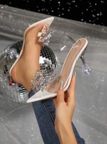 春夏新款女式仙女风白色水晶蝴蝶透明尖头高跟鞋，奢华优雅派对水晶高跟9厘米高跟凉鞋 - 白色 - 查看 3