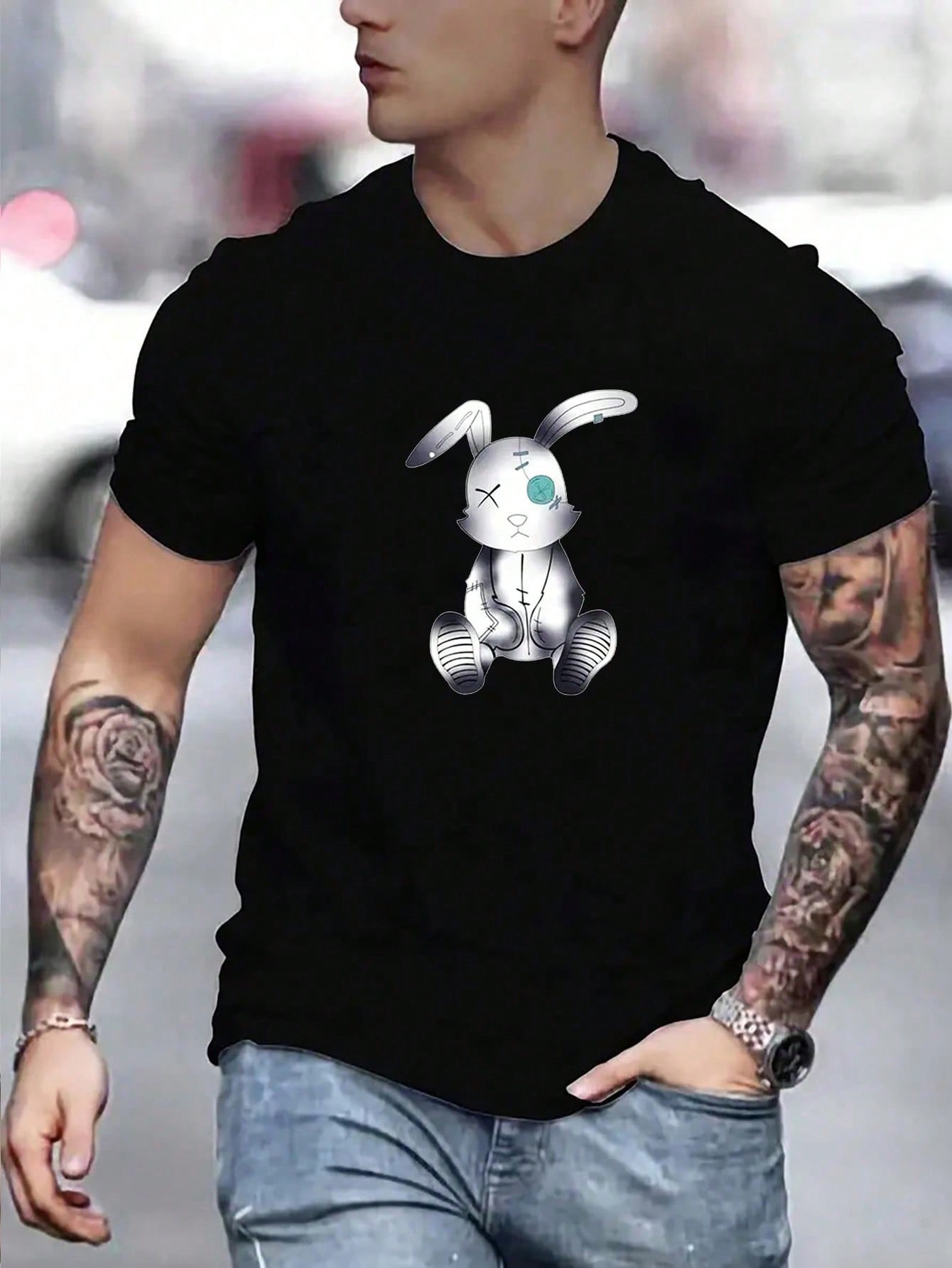 Men's Rabbit Print Round Neck Short Sleeve Simple T-Shirt, Casual Daily Wear
