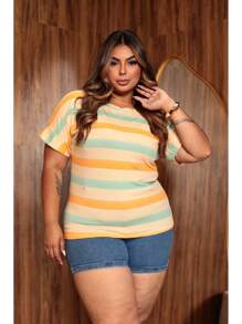 Women's Short Sleeve Striped Round Neck Blouse - TWO-cOLOR LIGHT ORANGE - View 2
