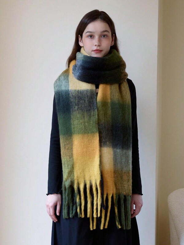 1pc Women's Polyester Rainbow Plaid Scarf, Versatile Two-Use Thick & Warm Neck Wrap Scarf For Autumn & Winter, Suitable For Going Out, Daily Commute