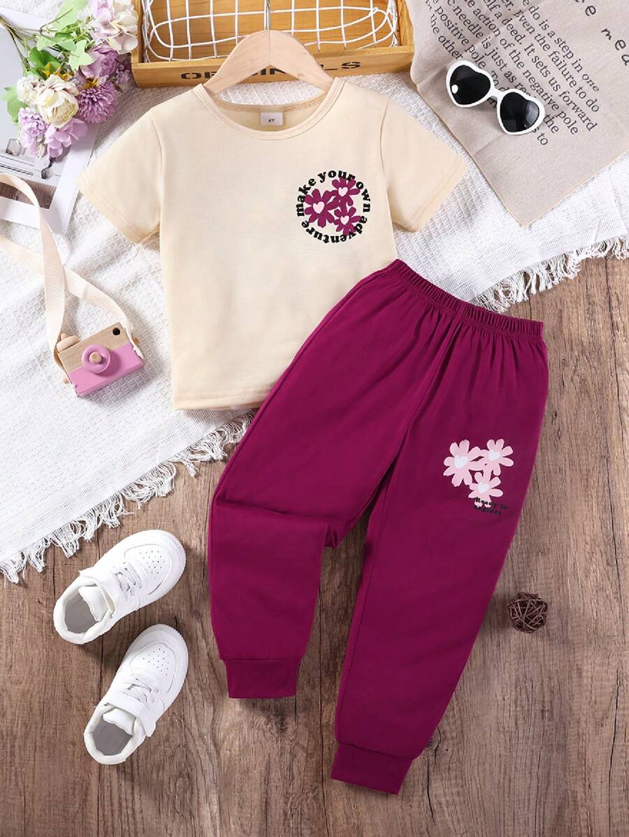 2pcs Girls Casual Set: Floral Print Knit Crew Neck T-Shirt & Sports Long Pants, For Daily & Outdoor Wear, Spring/Summer - Purple - View 1