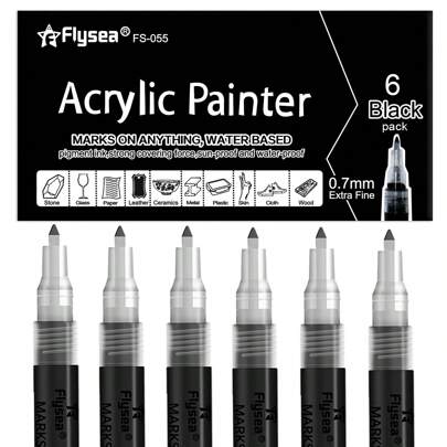 6 Pennarelli per vernice acrilica nera con punta ultra fine da 0,7 mm, adatti per pittura su pietra, tela, legno, ceramica, vetro, pietra, fai-da-te e forniture artistiche