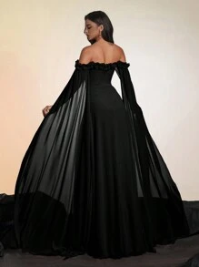 Smilprince 优雅黑色露肩层叠荷叶边缎面长礼服，适合女士出席正式晚宴、舞会及其他活动，也可作为女士舞会礼服、派对礼服、伴娘礼服或婚礼春季礼服。 - 黑色 - 查看 2