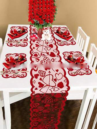 1pc Valentine's Day Heart-Shaped Lace Table Runner, Home Dining Decoration