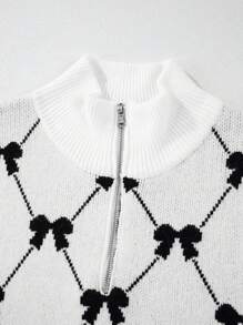 Fiyote Black Preppy Vibes Bow Print Zipped Collar Sweater Tee - Multicolor - View 6