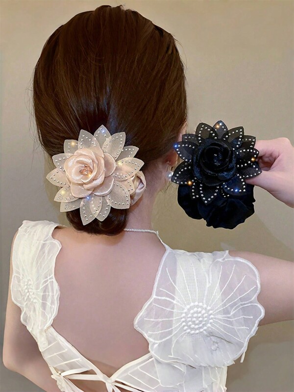 1 pieza/2 piezas Elegante accesorio de pelo vintage de tela con flores y cristales, lazos elásticos para el cabello, accesorios de pelo decorativos y elegantes para mujeres, coleteros