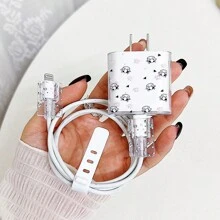 Apple Animal 5 Pieces Set, Cute Cow Heart New Flower Pattern Print, Transparent Airbag Shock-Absorbing Phone Case+Data Cable Protection/Storage+20W Fast Charging Protective Case, Compatible With IPhone 11 12/13mini 14/14Promax 15/15Promax 16/16Promax, Suitable For Giving Christmas Gifts To Friends - Clear - View 3