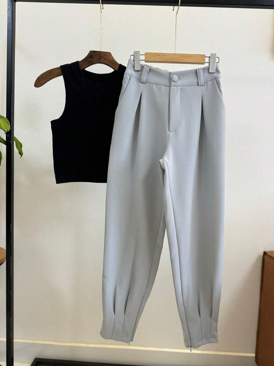 JEMMY MODA Carrot Tailored Pants With Elastic Details At The Back Zippered Cuffs, White, Black, Beige, Caramel, Blue, Gray, Size Pmgg - 淺灰色 - 查看 1