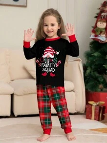 2pcs Christmas Pajama Set For Kids 4Y-12Y, Santa Hat & Letter Print Top + Plaid Pants