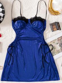 Contrast Lace Cut Out Metallic Slips - Royal Blue - View 11