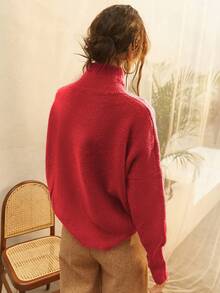 Knit Mix 女士高领宽松针织毛衣，适合秋冬季节，加厚长袖套头衫，复古硬币图案，时尚百搭，适合圣诞节、新年、情人节、开学季等场合。 - 紅色 - 查看 3