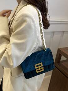 Sac à épaule carré en velours vintage texturé, sac à chaîne de couleur unie élégant, sac à main et portefeuille classique pour femme - Bleu azur - Voir 3