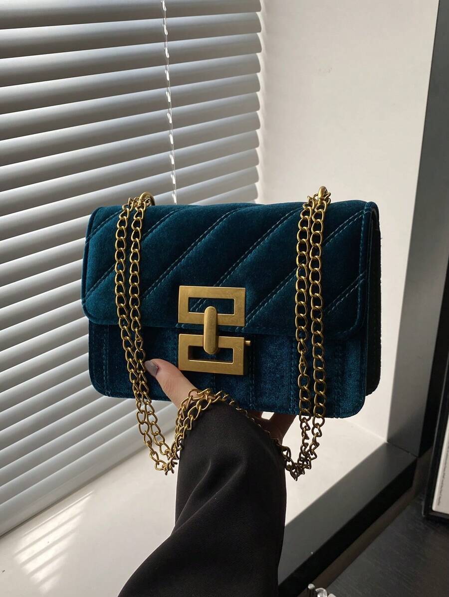 Sac à épaule carré en velours vintage texturé, sac à chaîne de couleur unie élégant, sac à main et portefeuille classique pour femme