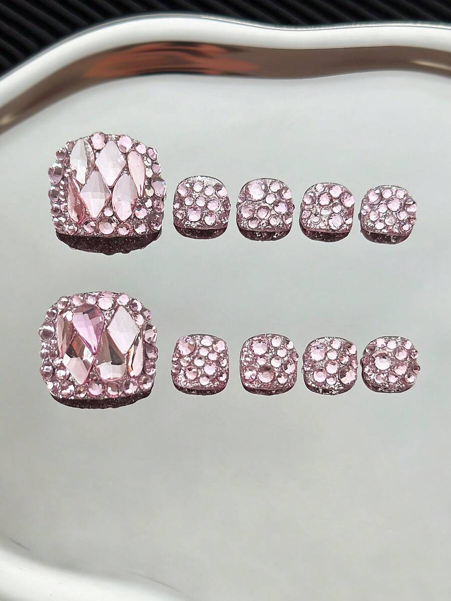 10 pezzi/confezione Adesivi per unghie quadrati con punta quadrata completamente tempestati di strass, fatti a mano con diamanti irregolari multicolore trasparenti e design glitterato, avvolgimenti per unghie completi riutilizzabili e scintillanti per le donne - Rosa - Visualizzare 1